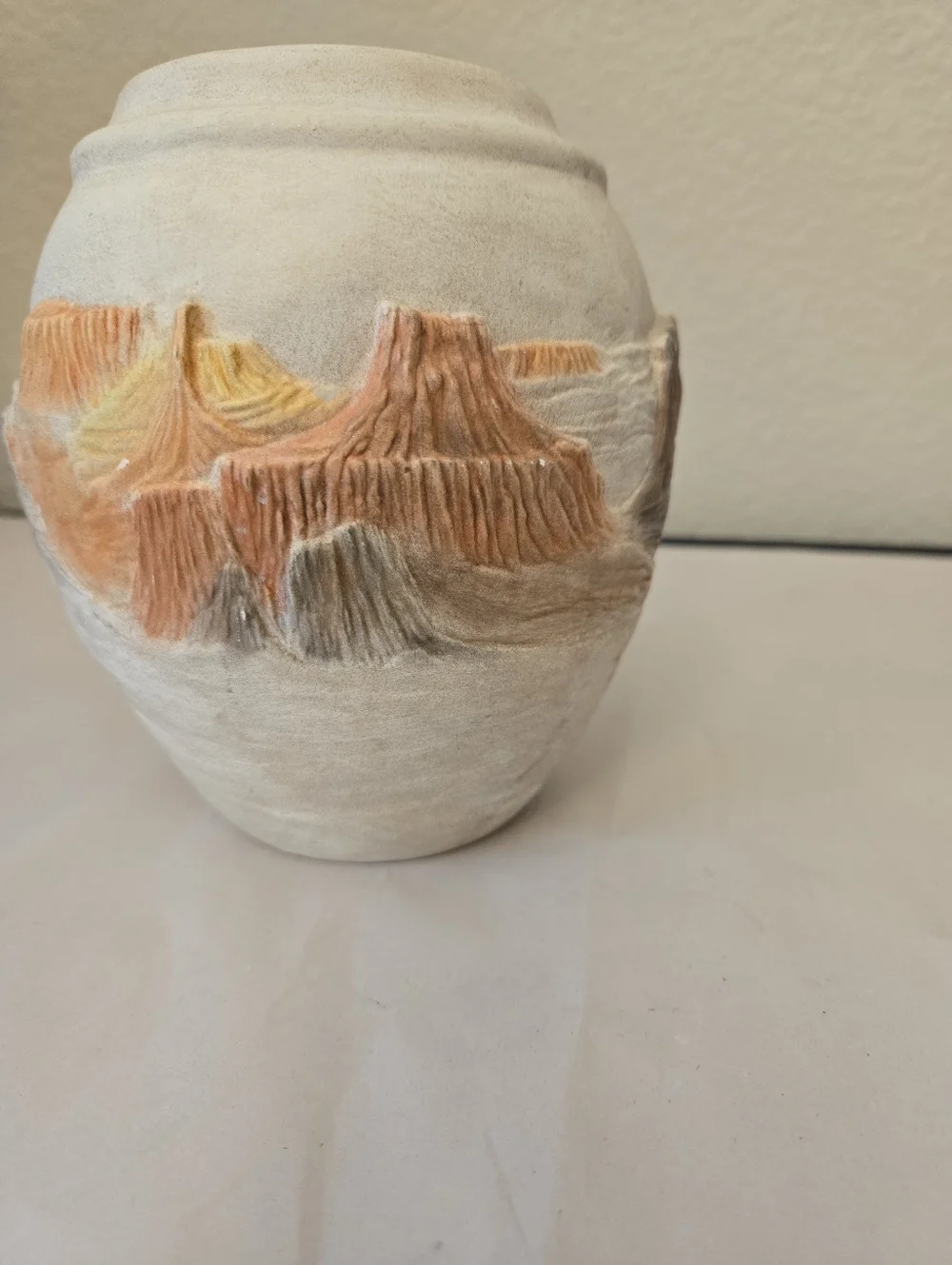 Southwestern Ceramic Vase Carved Pueblo Village Landscape Scene Matte Texture